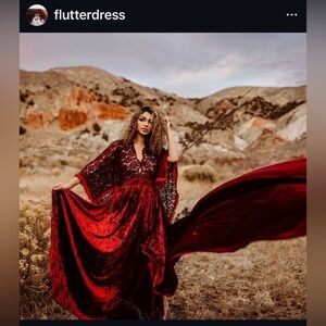 Red Velvet Lace Flutter Dress | Boho Dramatic Gown | One Size